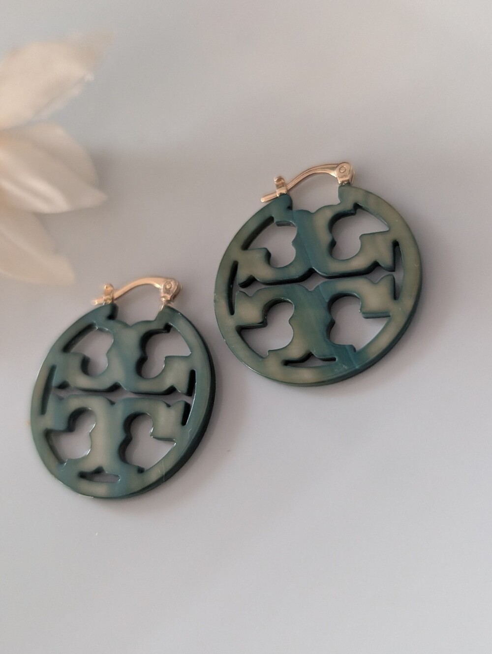Tort Burch Round Cutout Logo Hoop Earrings in Green
